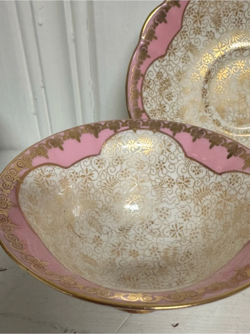 Vintage English Bone China Teacup Sets Foley Stanley Pink Gold Filigree 2 Sets